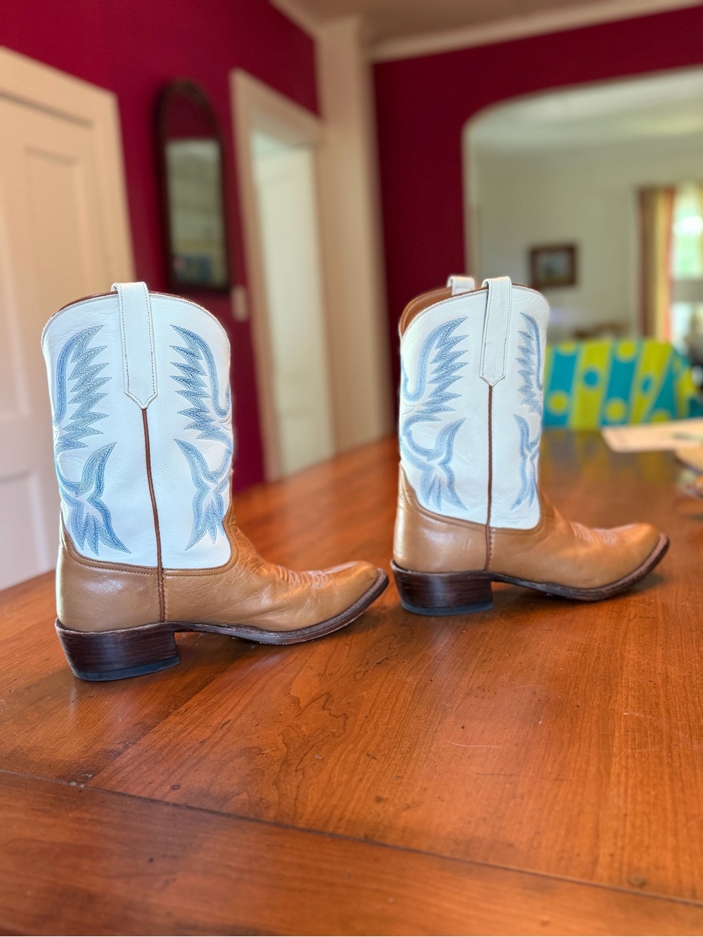 Miron Crosby Samantha Leather Cowboy Boots in Light Blue, cream, and Tan - Picture 2 of 15